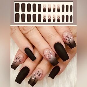 Press-on Nails, 💅 Pretty Pink & Black Tree Design 24pcs